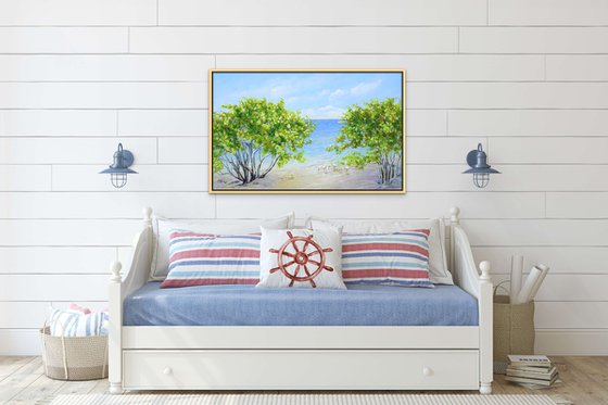 ENDLESS SUMMER. Tropical Island Seascape Painting of Florida Beach and Sea Birds.