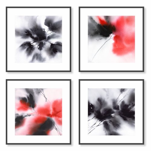 Black and red abstract flowers Set of 4 by Olga Grigo