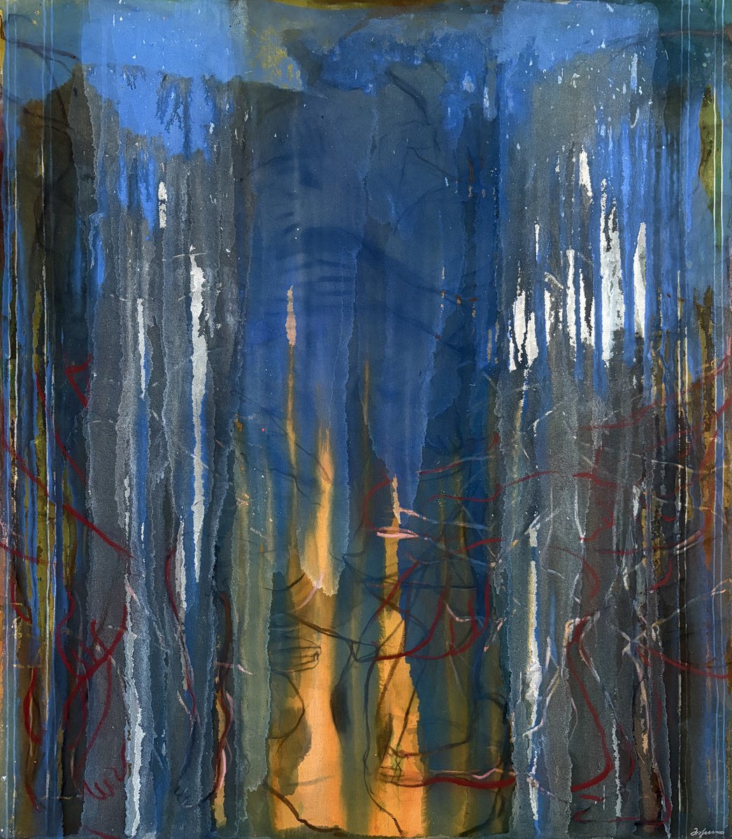 Abstract Landscape Painting By Gela Mikava, 44 X 51, Dark Blue Abstraction, Original Artwork