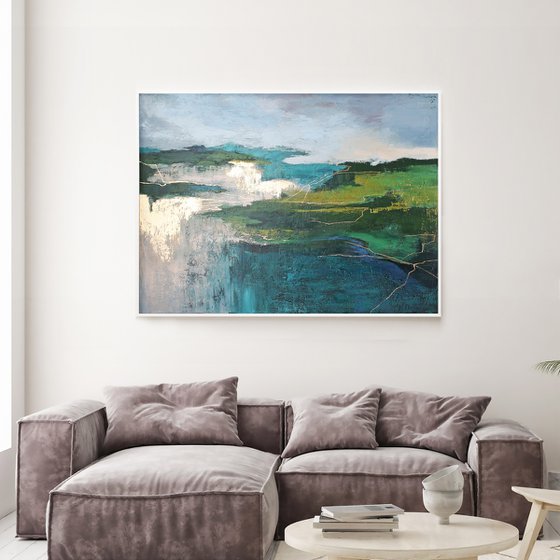 "North" Green and gold abstract acrylic art