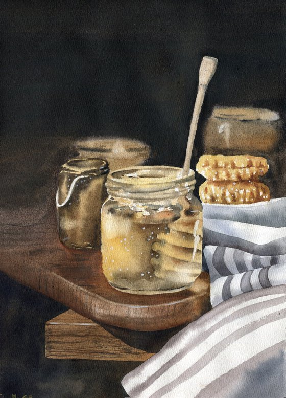 Still life with jars of honey on a wooden table. Original artwork.