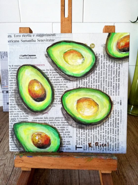 "Avocadoes on Newspaper" Original Acrylic on Canvas Board Painting 8 by 8 inches (20x20 cm)