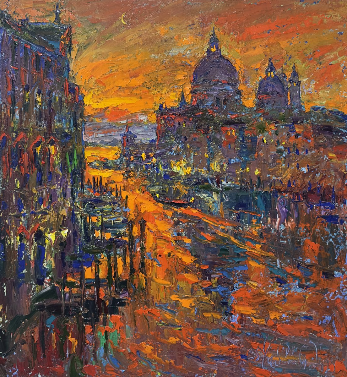 Impressionistic Cityscapes Oil Painting By Andrii Chebotaru, 28 X 30, Golden Waters Of Venice, Original Artwork