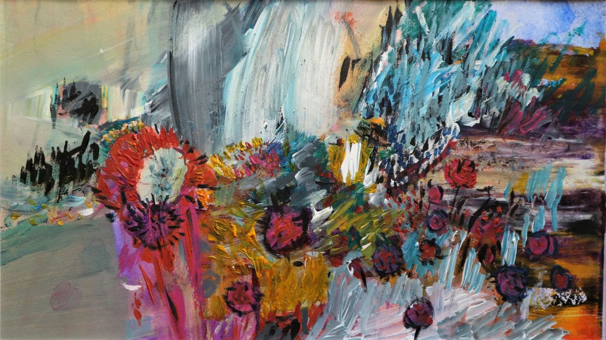 Organic Botanical Acrylic Painting By Florina Breazu, 12 X 7, Birds And Flowers, Original Artwork