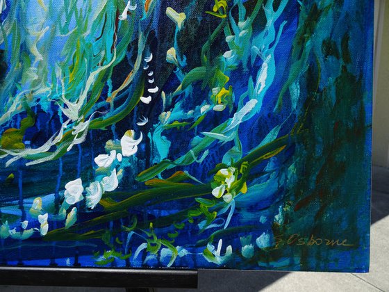 Floral Landscape Painting Abstract Flowers Forest Pond Water Reflection. Large Blue Contemporary Painting Modern Impressionistic Art