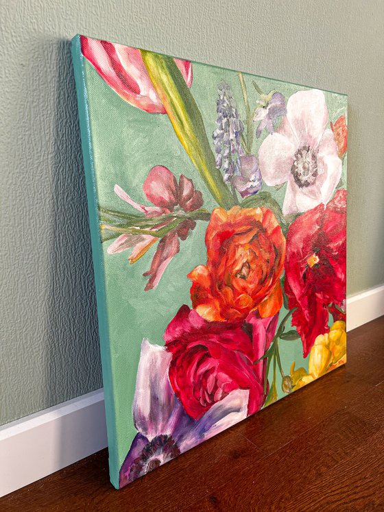 Bright flowers on a turquoise background, small oil painting