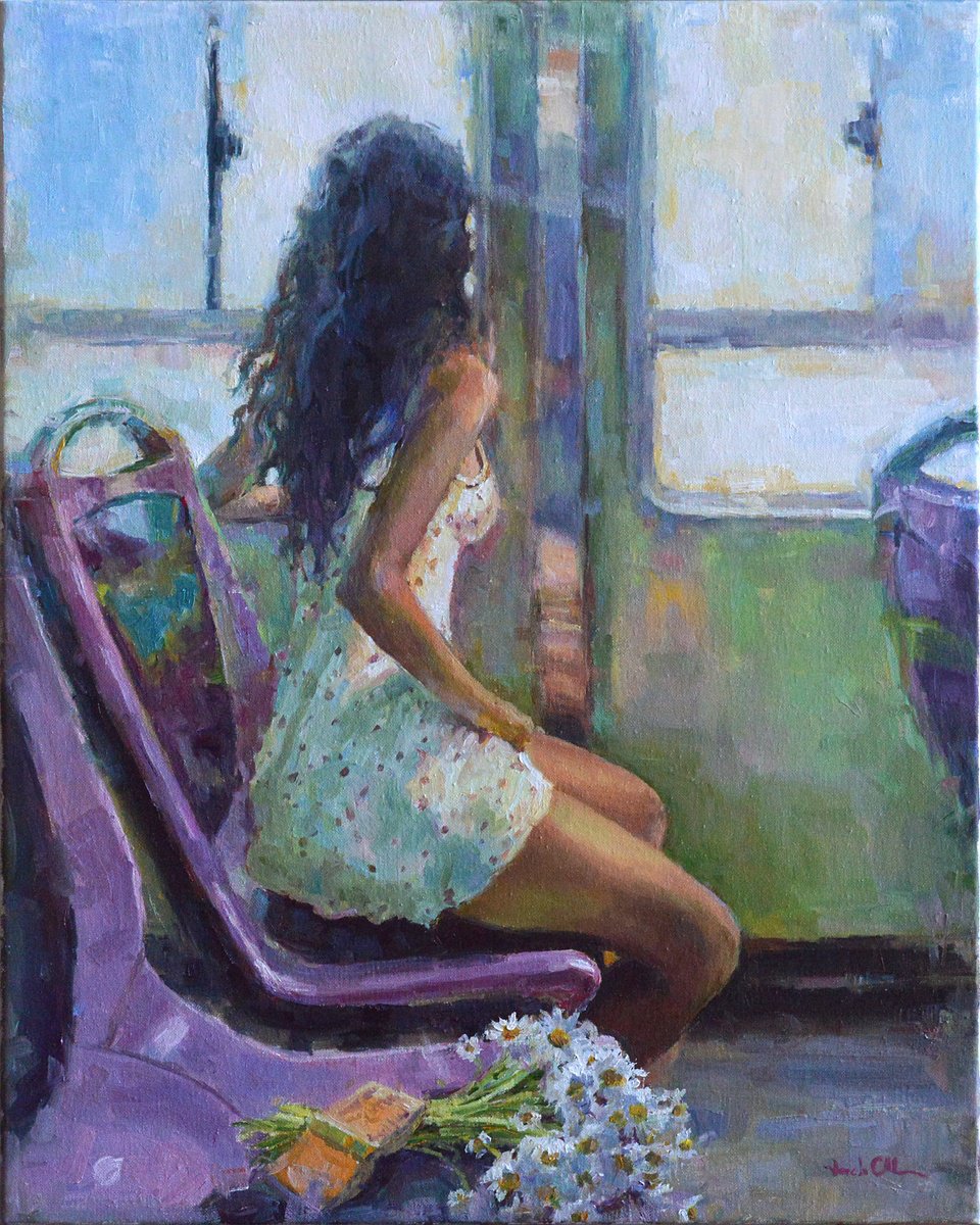 Impressionistic Portrait Oil Painting By Vachagan Manukyan, 16 X 20", Daisies On The Seat, Original Artwork