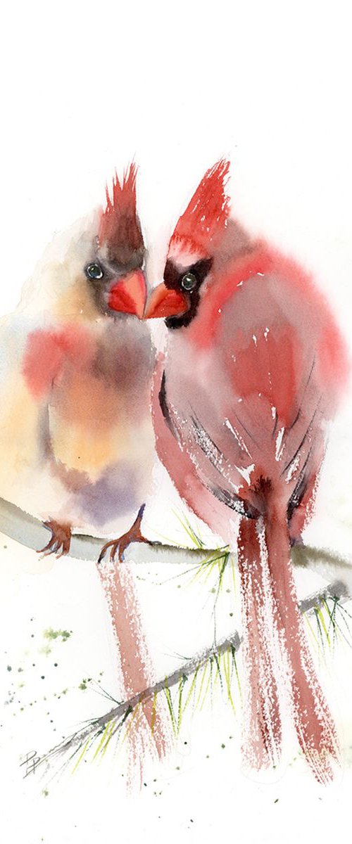 Cardinals in love Original Watercolor by Olga Tchefranov (Shefranov)