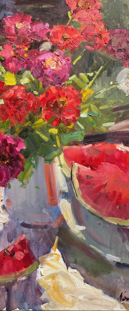 Watermelon with red flowers by Nataliia Nosyk