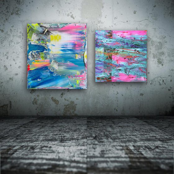 "I'm Rubber You're Glue" - Original PMS Abstract Acrylic Painting Diptych on Canvas and Wooden Panel - 44" x 27"