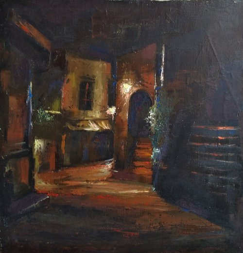 Night cityscape (40x40cm, oil painting, ready to hang) by Kamsar Ohanyan