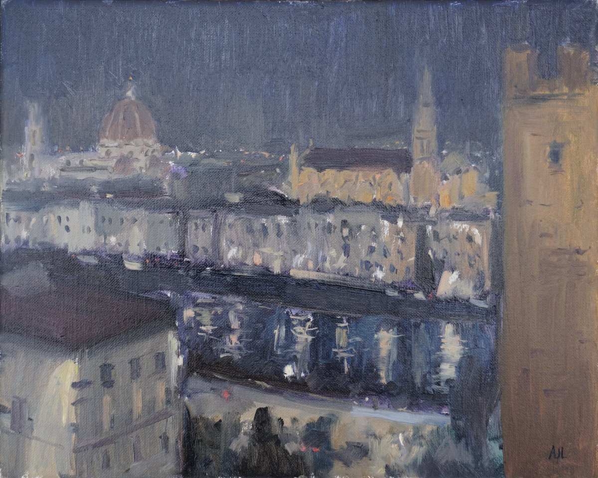 Impressionistic Cityscapes Oil Painting By Alex James Long, 12 X 9, Porta San Niccolo, Nocturne, Original Artwork