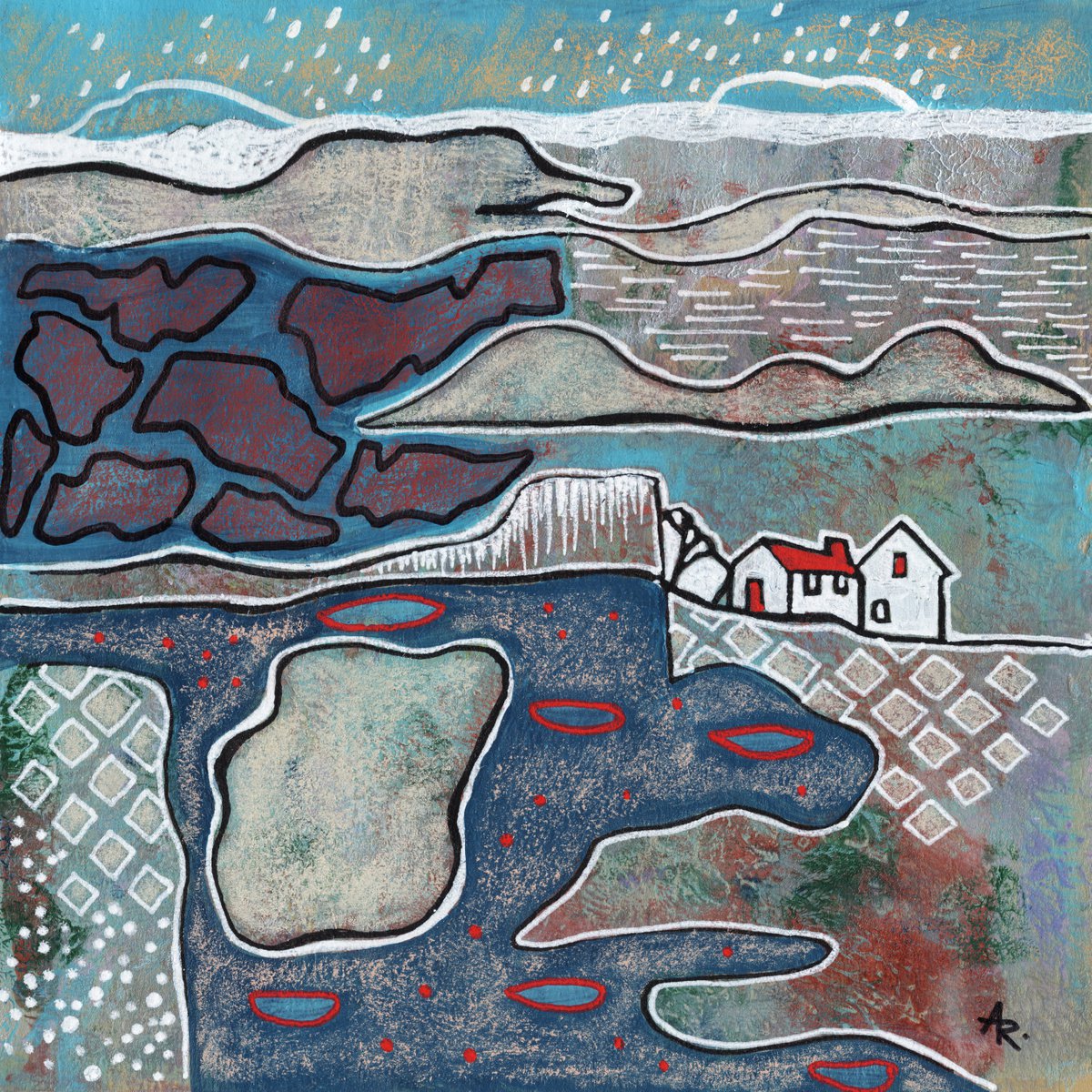 Illustrative Landscape Acrylic Painting By Ariadna De Raadt, 13 X 13, Season Landscape -Spring, Original Artwork