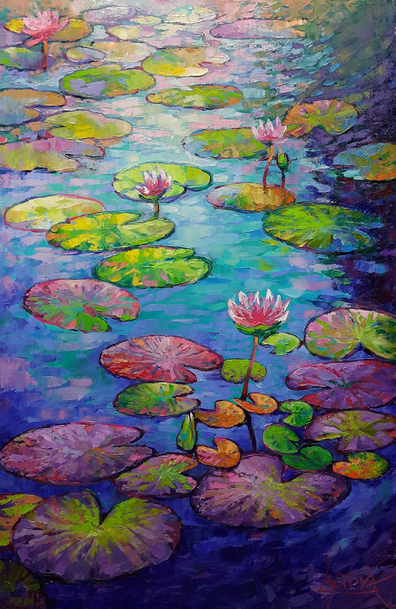 Impressionistic Landscape Oil Painting By Viktoria Lapteva, 24 X 37", Waterlilies Pond, Original Artwork