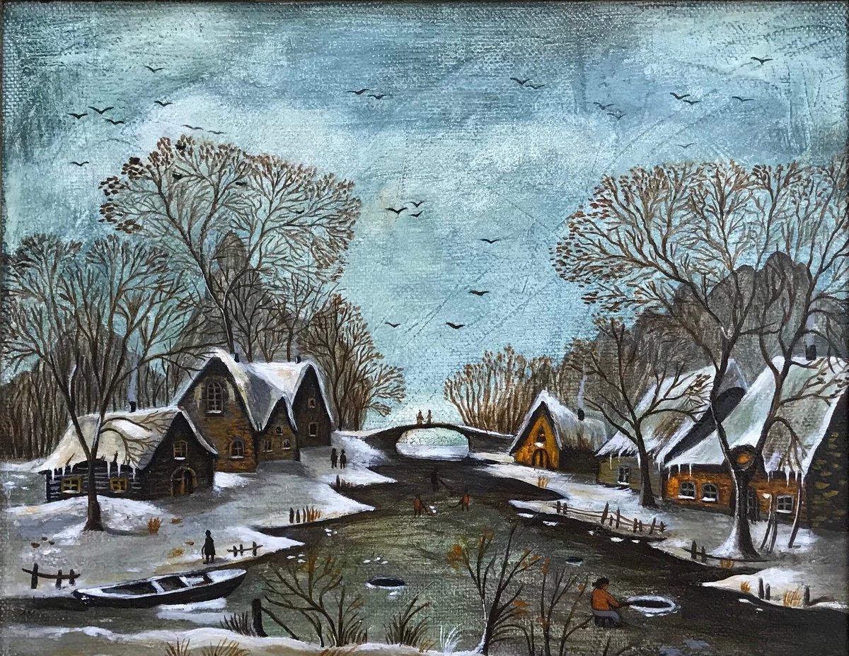Original oil painting Houses by the river - 25x20 cm (2019) by Evgeniya Roslik