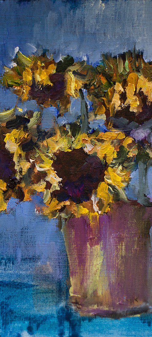 Sunflowers on blue. Small oil painting. Original dramatic home decor gift interior dark blue moody autumn by Sasha Romm