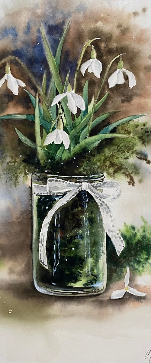 Snowdrops, original watercolour painting by Natalia Butenko