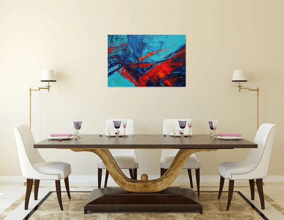 Large Abstract Blue Turquoise Red Landscape Painting. Modern Textured Art. Abstract. 61x91cm.