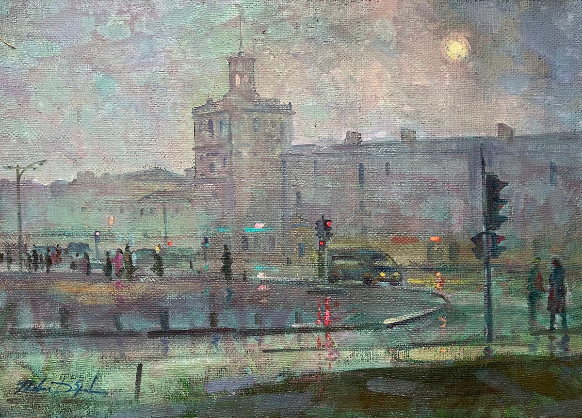 Impressionistic Landscape Oil Painting By Peter Tovpev, 25 X 36", Near The Traffic Light, Original Artwork