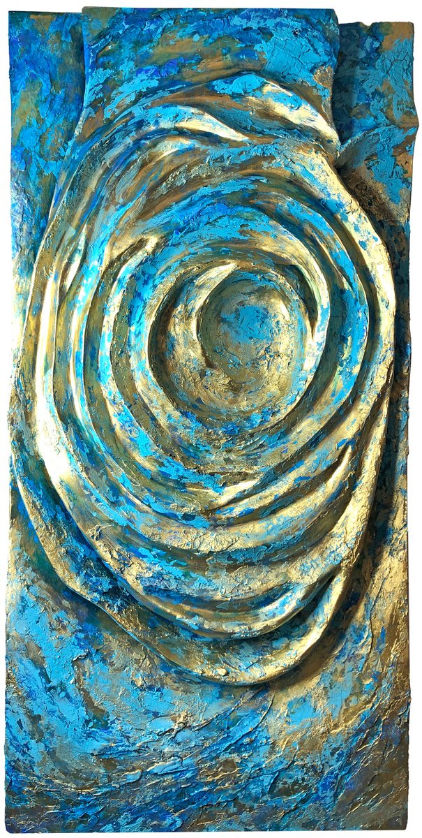 Organic Abstract Relief By Viacheslav Zaykin, 24 X 47", Turquoise Vortex With Gold, Organic Sculpture, Original Artwork