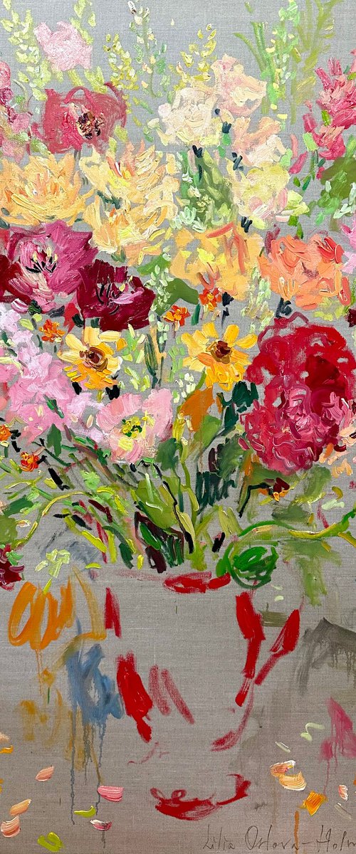 Summer day. Flowers in a red jug. by Lilia Orlova-Holmes