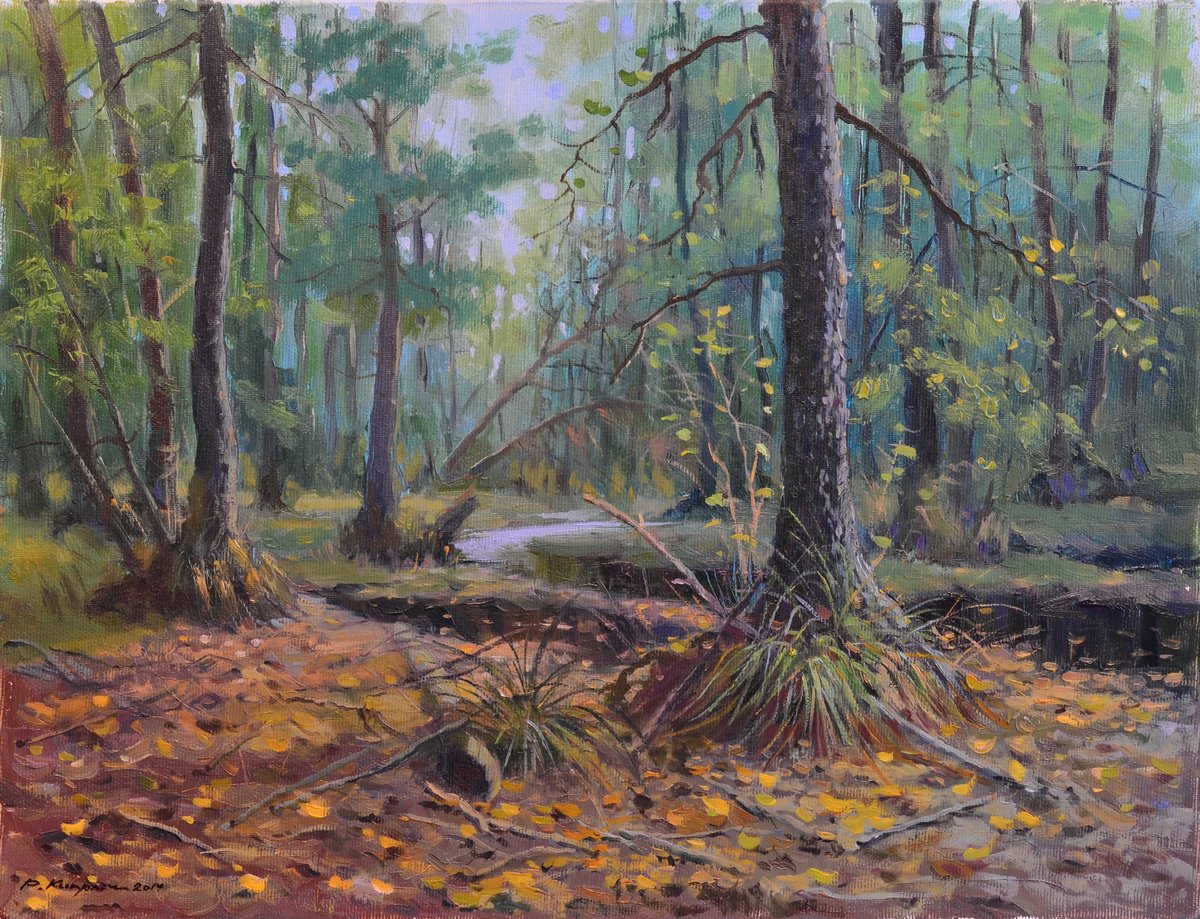 Impressionistic Landscape Oil Painting By Ruslan Kiprych, 16 X 12", In The Forest Wilderness, Original Artwork