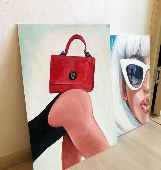 RED BAG - oil painting on cardboard, original gift, red, woman, nude, erotics, original gift, home decor, pop art, office interior