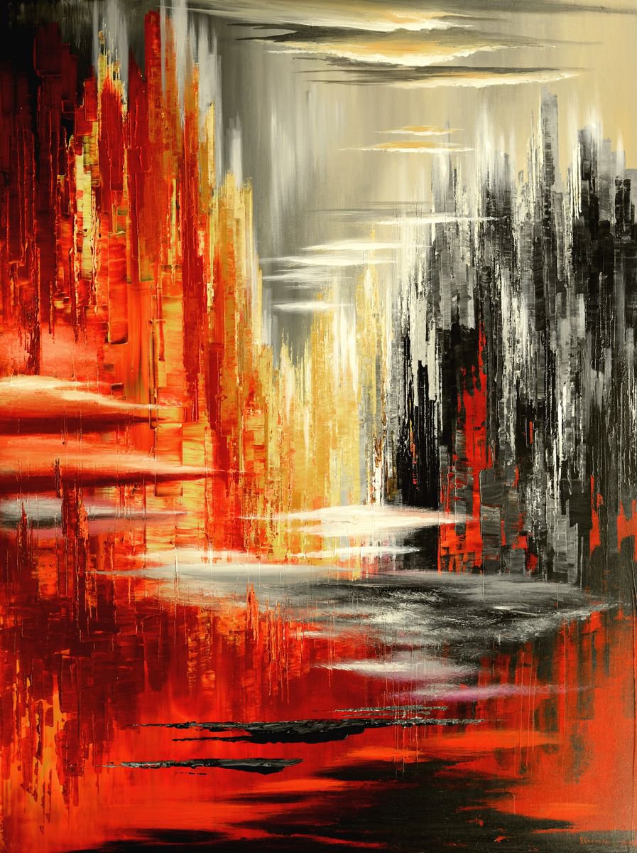 Abstract Cityscapes Acrylic Painting By Tatiana Iliina, 36 X 48", Surreality Show, Original Artwork