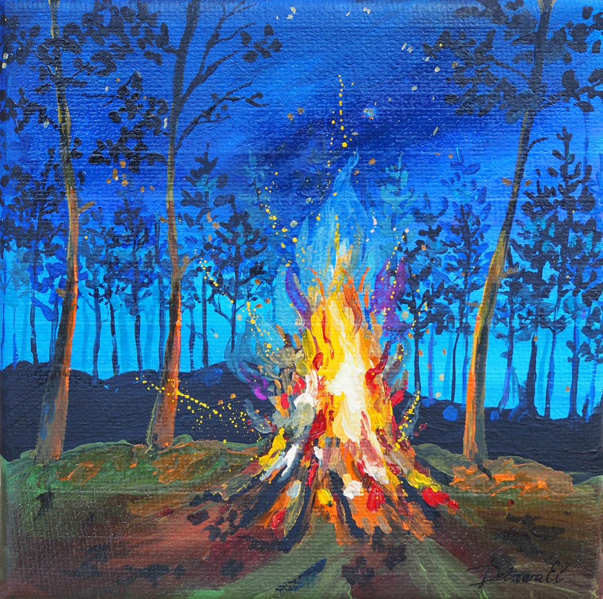 Impressionistic Painting , Fire In The Forest By Delnara El, 12 X 12, Artwork For Sale On Artfinder