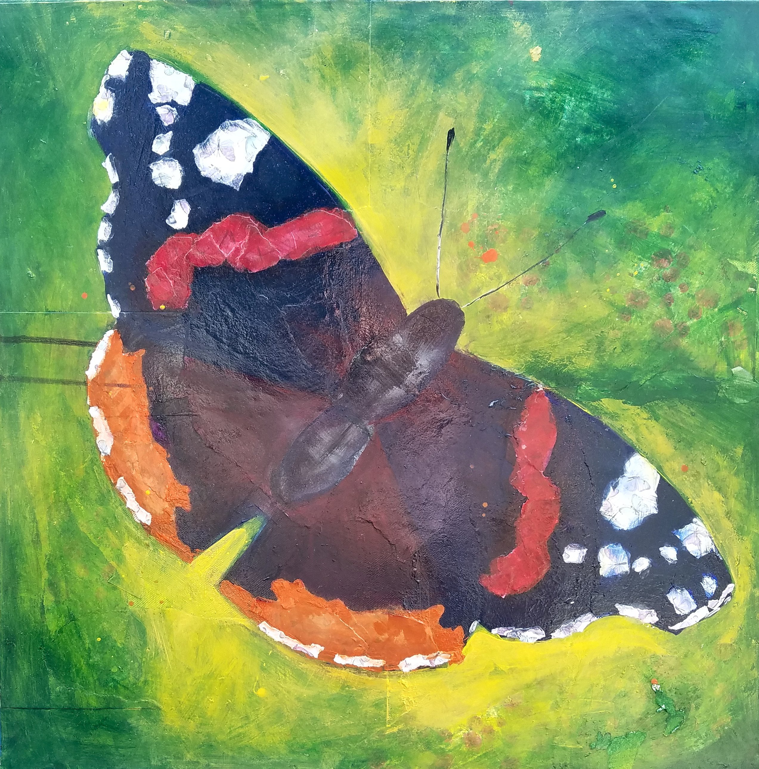 Impressionistic Animal Painting By Kevin Blake, 24 X 24", Red Admiral Butterfly, Original Artwork
