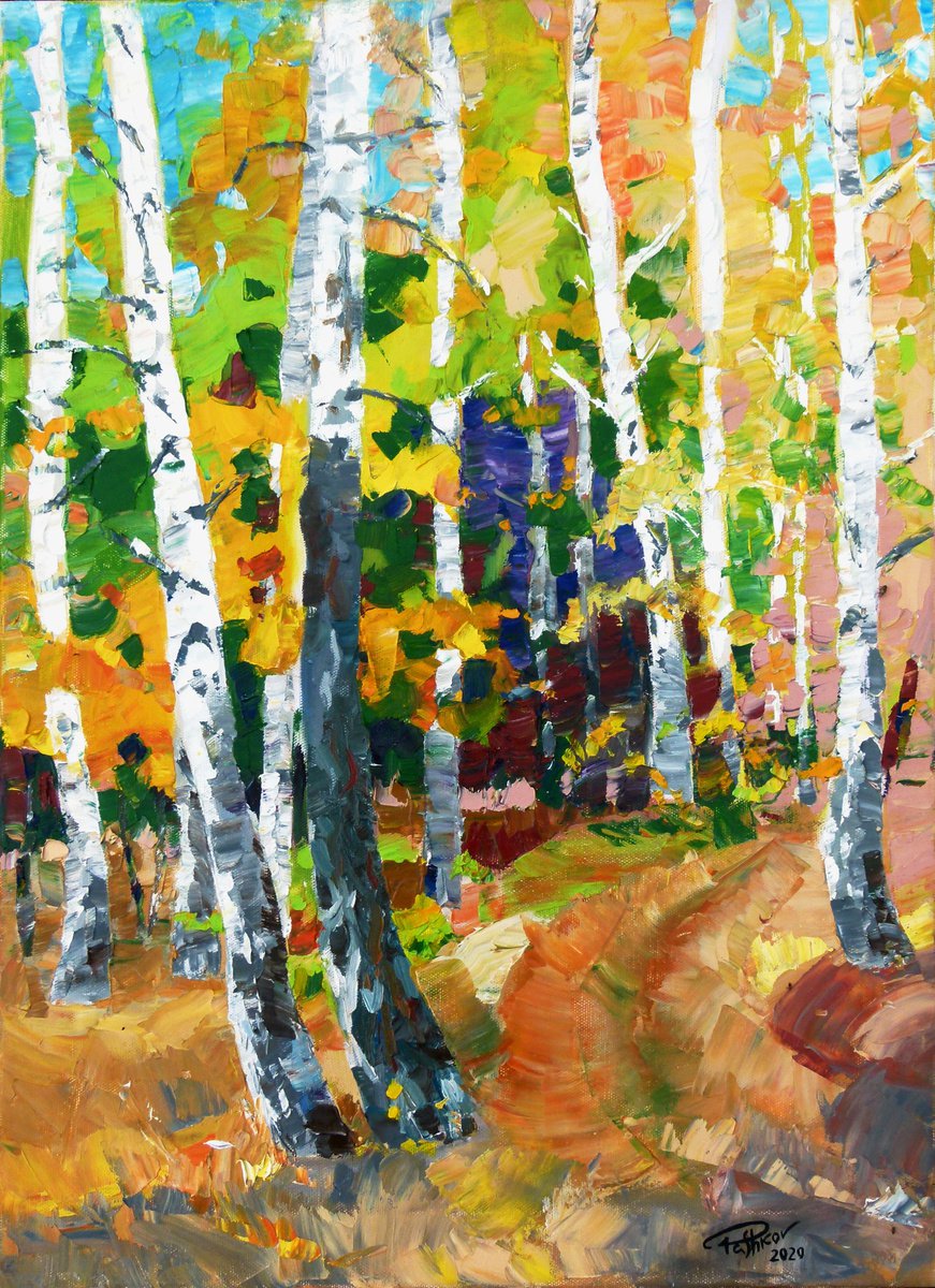 Impressionistic Botanical Oil Painting By Yurii Pashkov, 16 X 22", Autumn Birches, Original Artwork