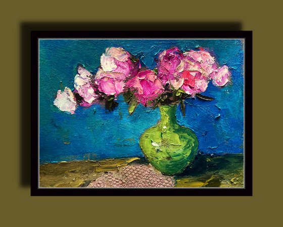 Peonies In  Green Vase