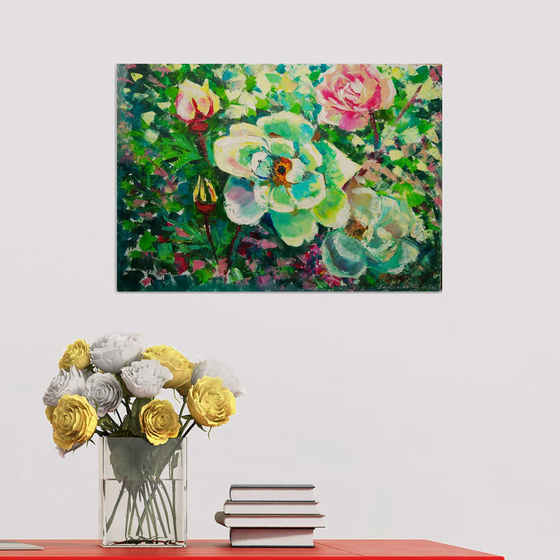 White rose hip, Wild Rose Painting Flower Original Art Abstract Floral Artwork 50x35 cm, ready to hang.