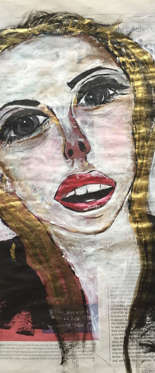 The Face Acrylic on Newspaper Face Art Woman Portrait Red Lips 37x29cm Gift Ideas Original Art Modern Art Contemporary Painting Abstract Art For Sale Free Shipping by Kumi Muttu