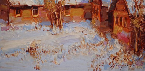 Landscape Oil painting, Village, Winter,  One of a kind, Signed with Certificate of Authenticity