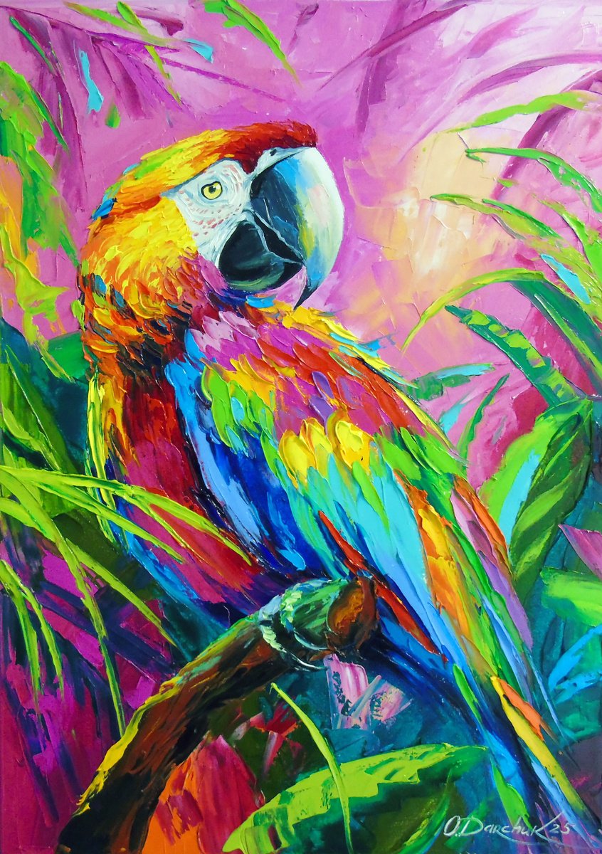 Impressionistic Animal Oil Painting By Olha Darchuk, 20 X 28", Macaw Parrot, Original Artwork
