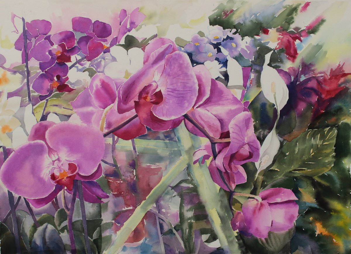 Impressionistic Botanical Watercolour By Yurii Pashkov, 30 X 22", Flower Shop, Original Artwork