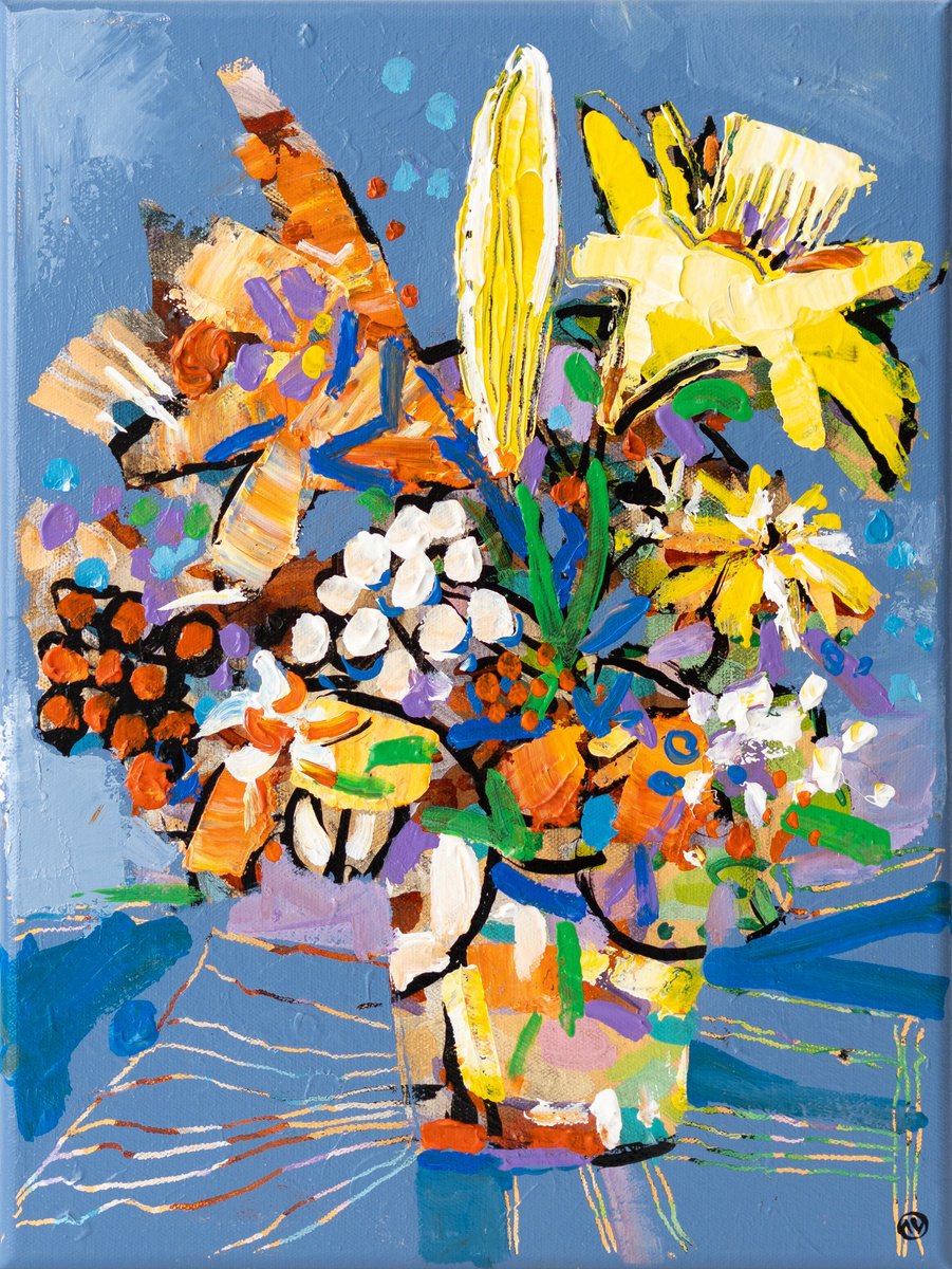 Organic Botanical Acrylic Painting By Joseph Villanueva, 12 X 16", Blooms In Brushstrokes 5, Original Artwork