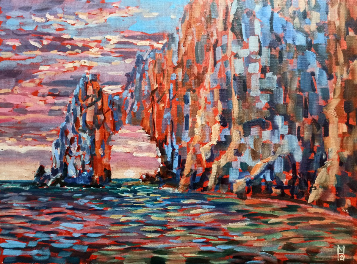 Rock scape #6, colorful impressionist sunset, landscape painting by Mary Grinkevich