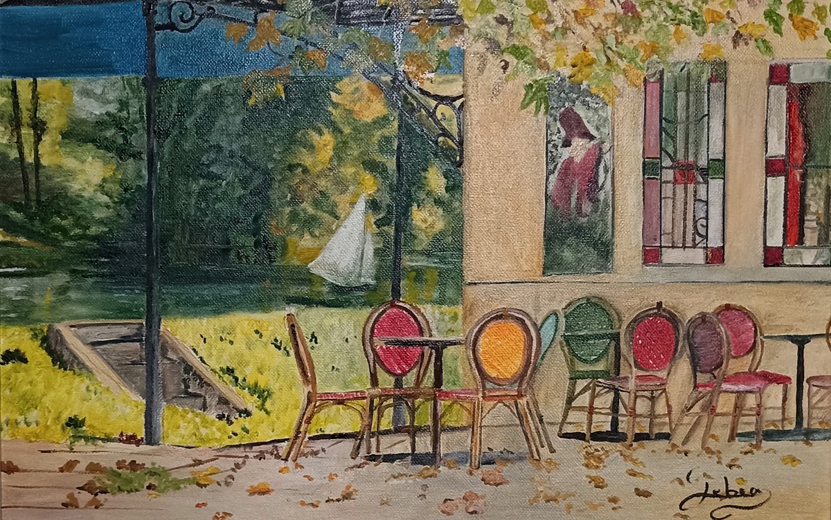 Impressionistic Landscape Oil Painting By Isabelle Lucas, 20 X 14, Restaurant Near The Seine, Original Artwork