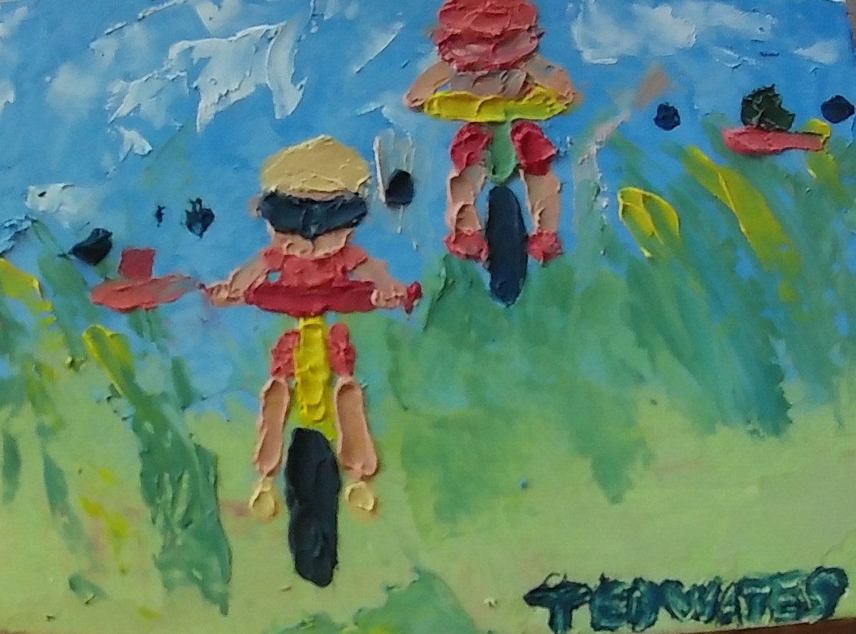 Naive Portrait Oil Painting By Ted Wates, 7 X 5", Bike Race, Original Artwork