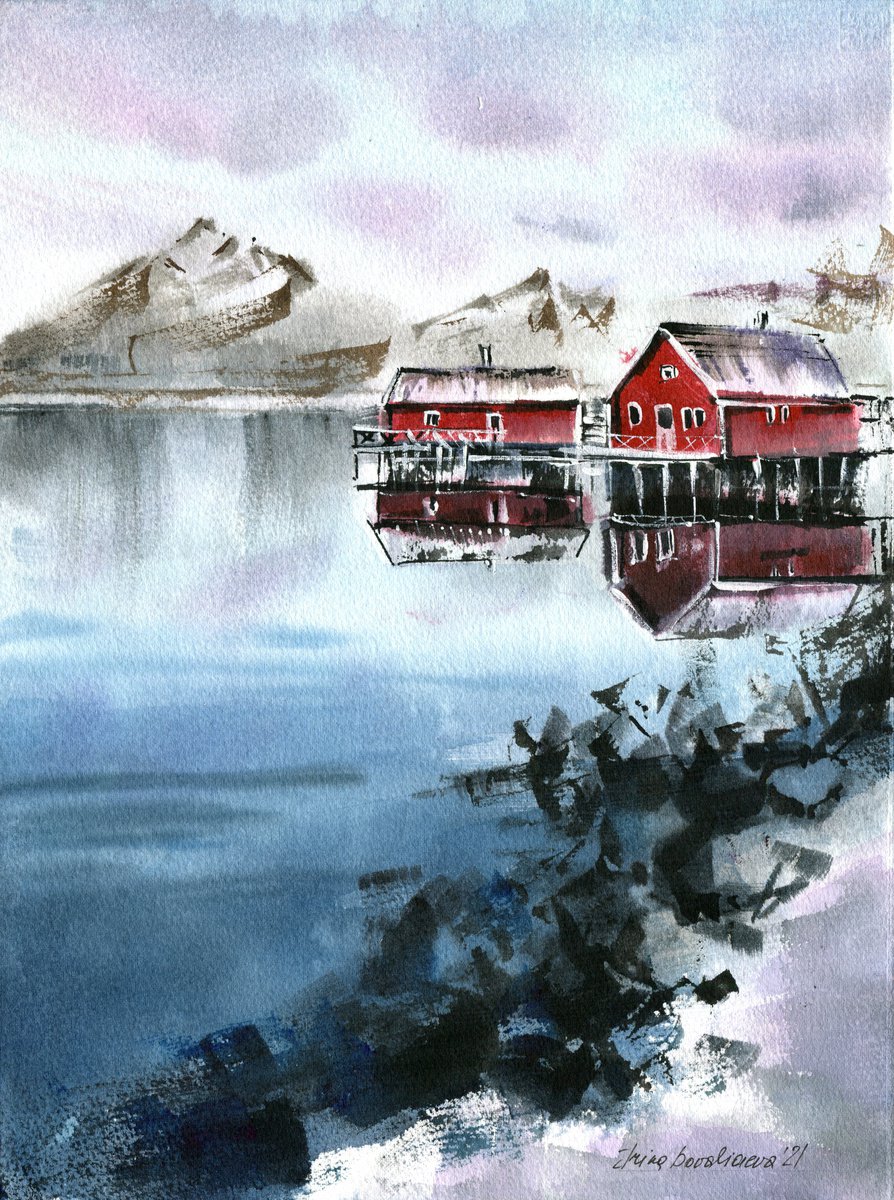 Scandinavian sea painting with red houses, original watercolor artwork, ocean painting , g... by Irina Povaliaeva