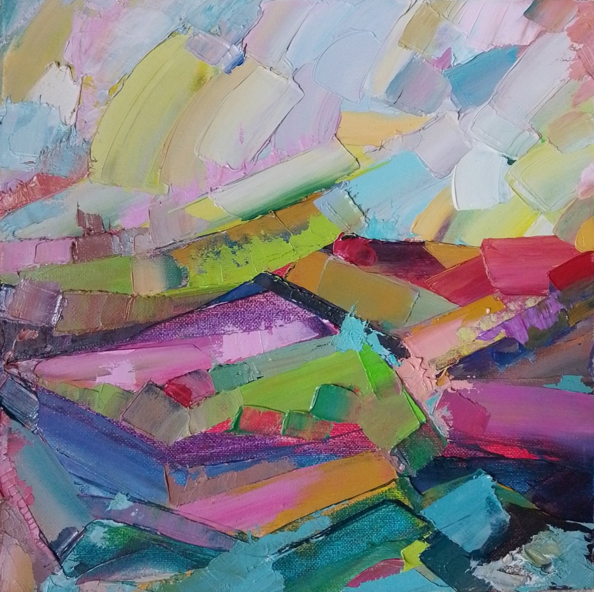 Abstract Landscape Oil Painting By Valentyna Sokolovska, 12 X 12", Summer In The Mountains, Original Artwork