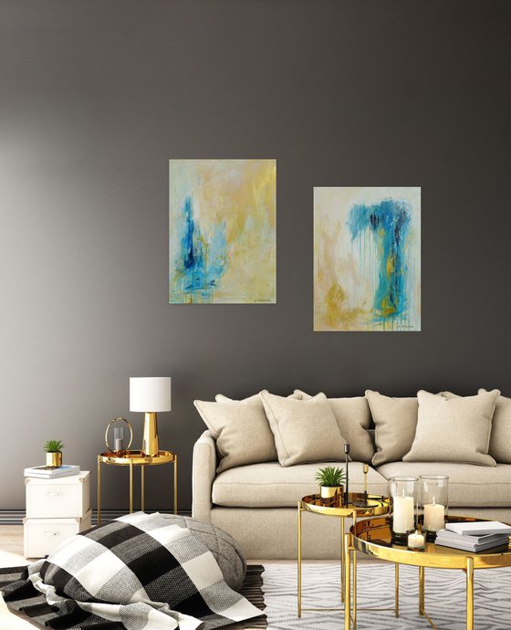 Large Abstract Painting. Modern Blue and Gold Diptych Art. 61 x 91 cm