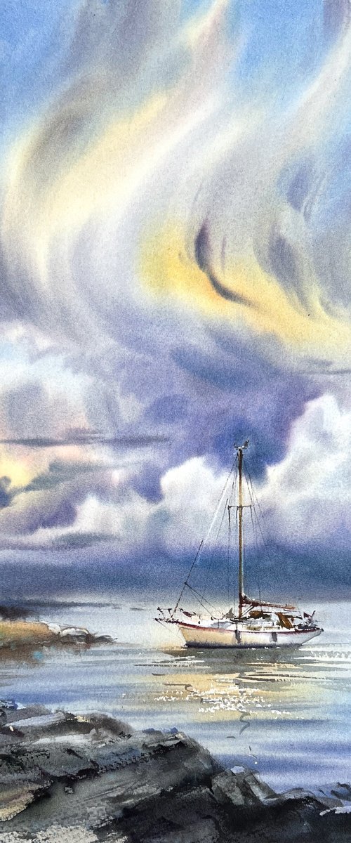 Yacht under the sea skies by Eugenia Gorbacheva