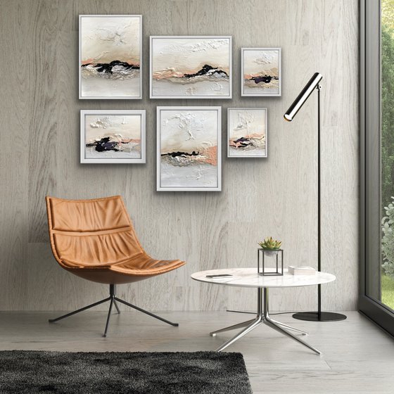 Poetic Landscape II- Peach , White, Black - Composition 6 paintings framed - Wall Art Ready to hang