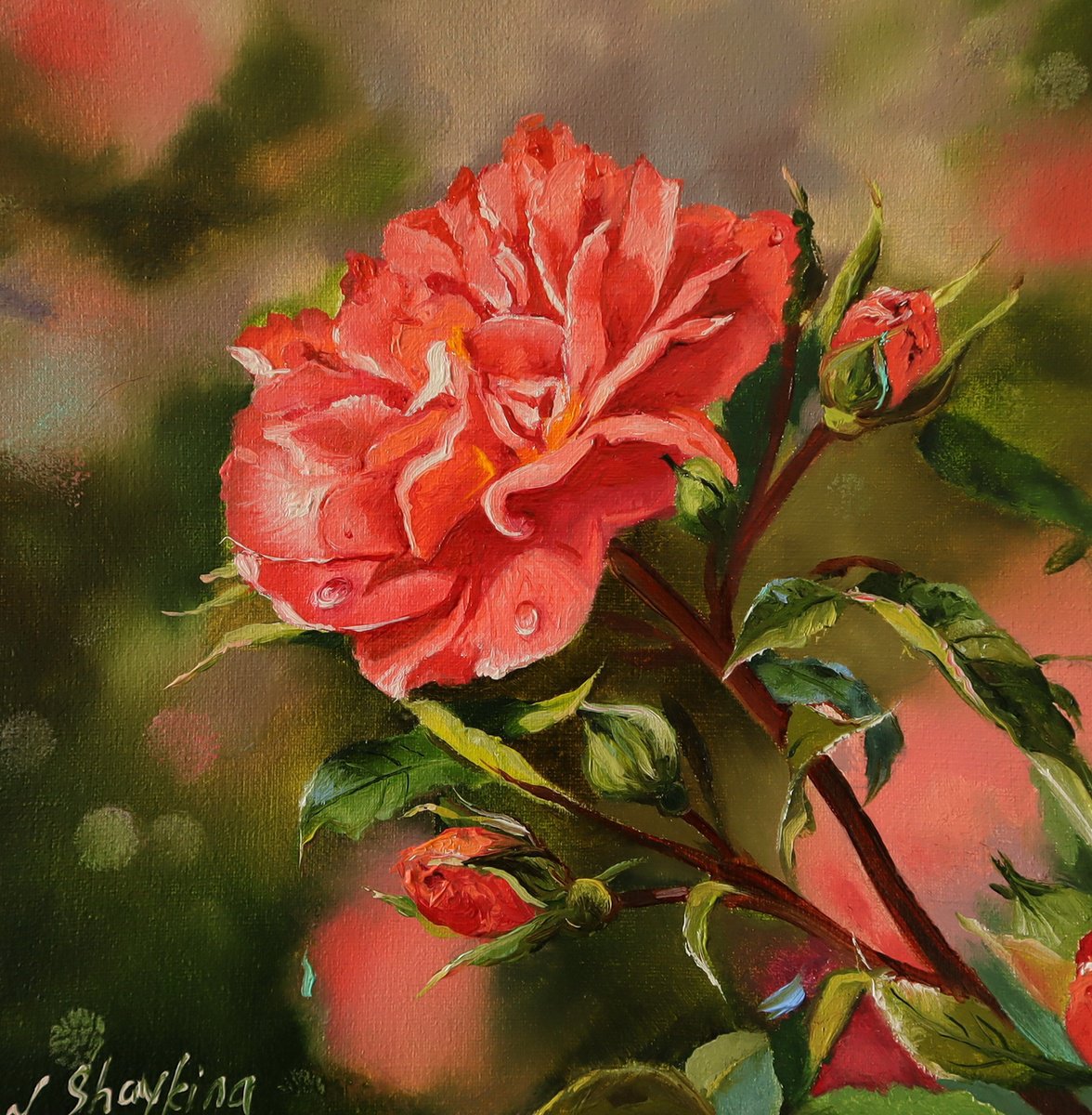Impressionistic Botanical Oil Painting By Natalia Shaykina, 12 X 12", Rose, Original Artwork