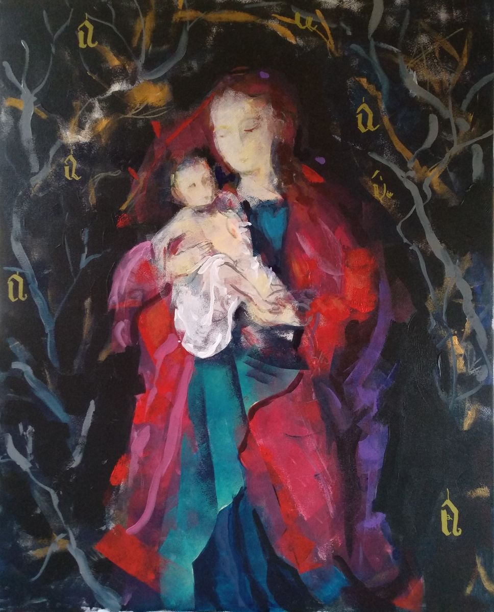 Expressive Portrait Acrylic Painting By Marina Del Pozo, 32 X 39", Night Madonna, Original Artwork
