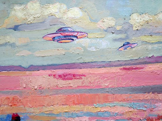 Two ufo over pink lake Painting