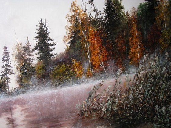 Autumn Foggy Lake with Trees